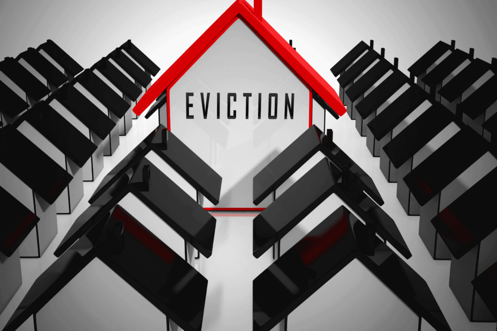 Illustration of houses surrounding a larger house labeled “Eviction,” symbolizing tenant eviction or housing displacement.