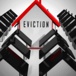 Illustration of houses surrounding a larger house labeled “Eviction,” symbolizing tenant eviction or housing displacement.