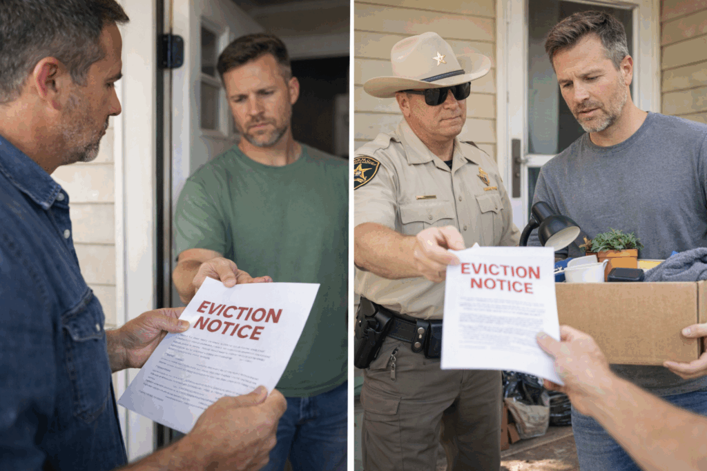 Landlord handing an eviction notice to a tenant at the front door of a residential home in Arkansas.