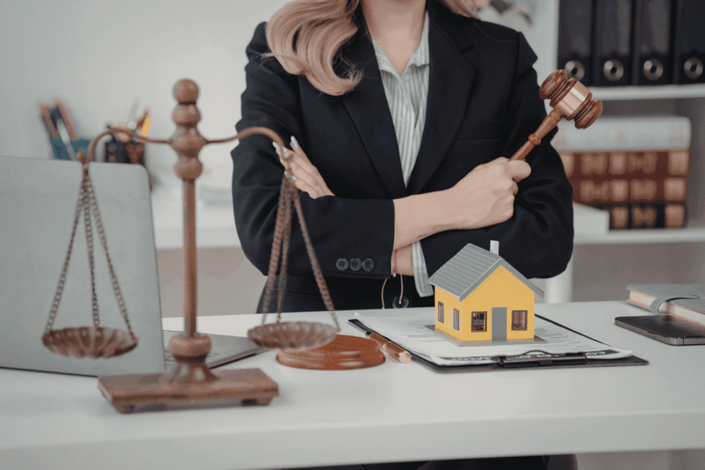 Lawyer holding a gavel at a desk with scales of justice and a small house model on legal documents.