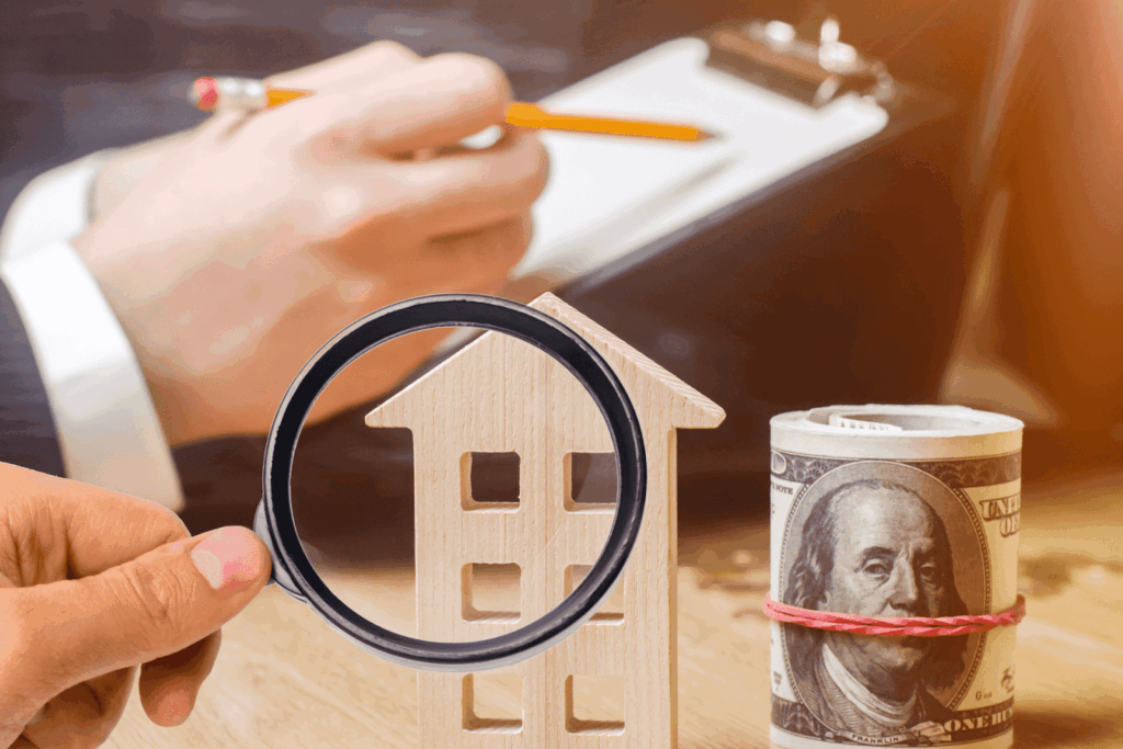 Person calculating finances with a calculator, paperwork, and stacks of cash on a desk.
