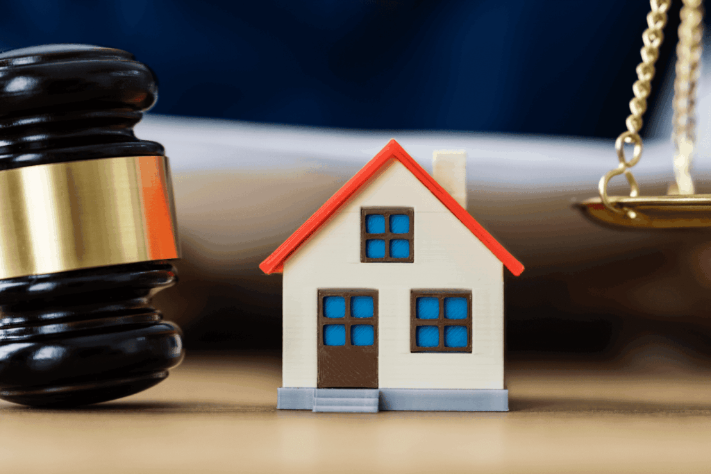 Model house beside a judge’s gavel and scales of justice, symbolizing real estate law or property legal matters.