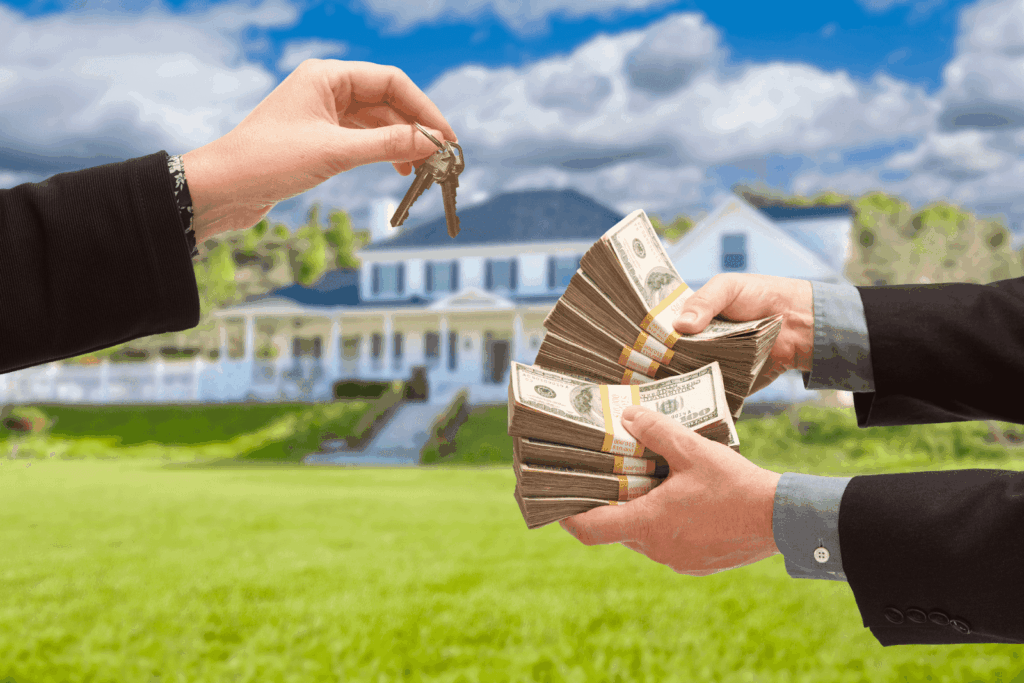 Person exchanging house keys for a stack of cash in front of a home, symbolizing a property sale.