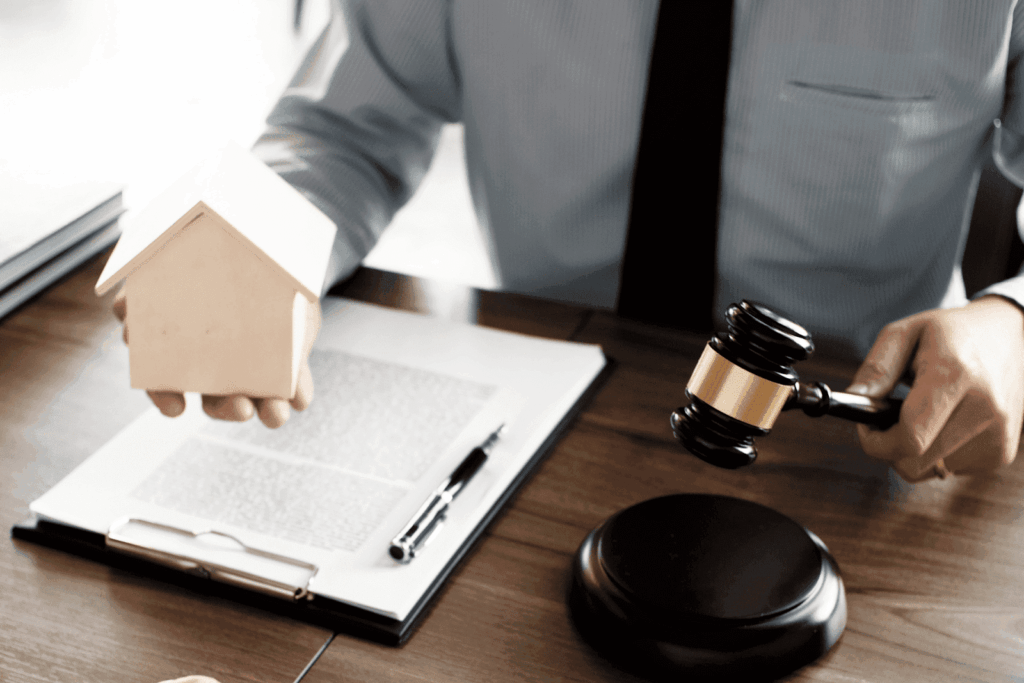 Person holding a small house model and a judge’s gavel over legal documents, symbolizing a real estate court case.
