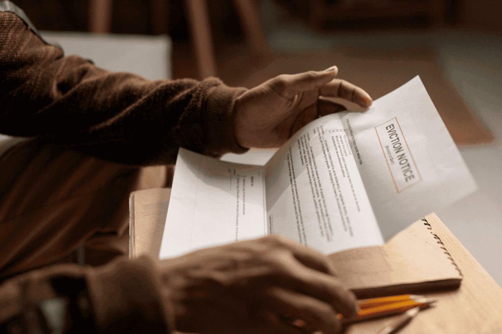 Person opening and reading an eviction notice letter at a desk.