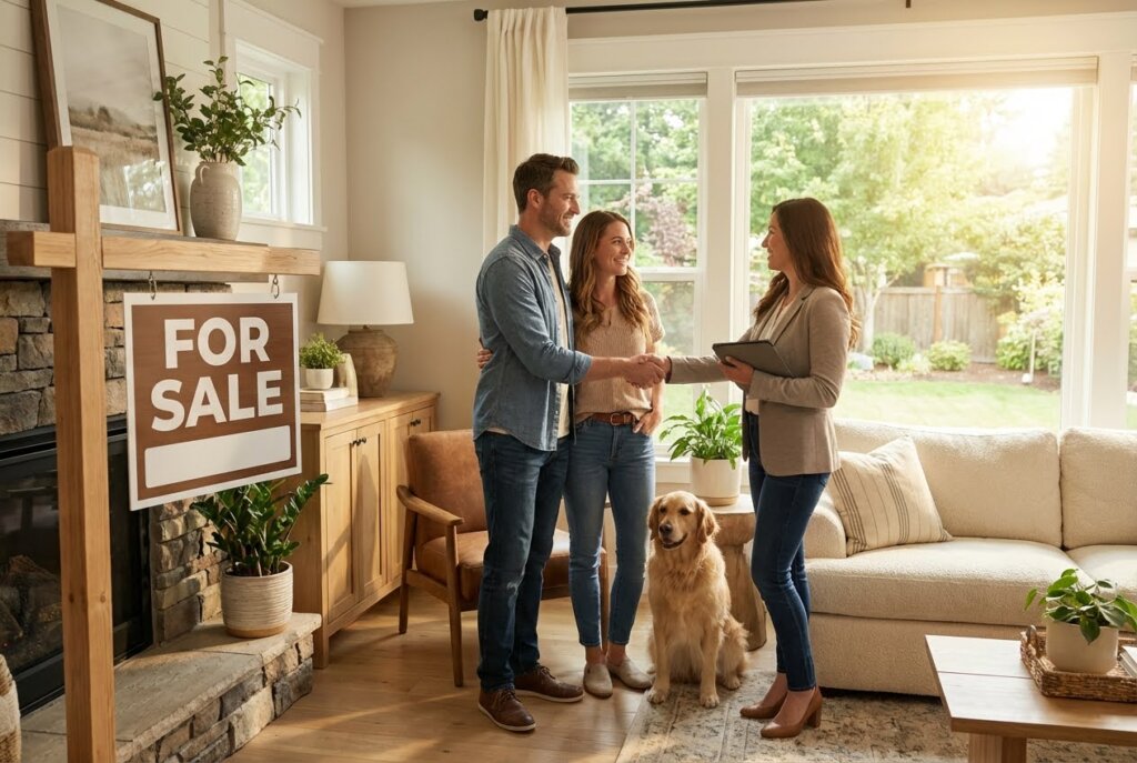 Real estate agent shaking hands with a couple in a bright living room with a "FOR SALE" sign and a golden retriever.