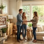Real estate agent shaking hands with a couple in a bright living room with a "FOR SALE" sign and a golden retriever.