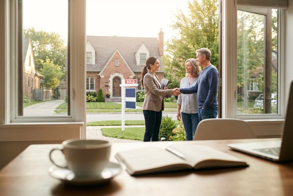 Real estate agent shaking hands with a couple in front of a brick house with a SOLD sign.