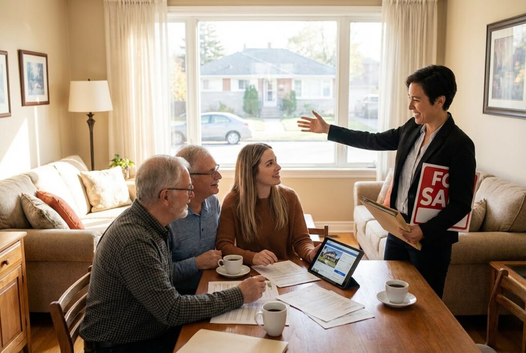 Real estate agent with "For Sale" sign gesturing to a family reviewing documents and a tablet in a sunny living room.
