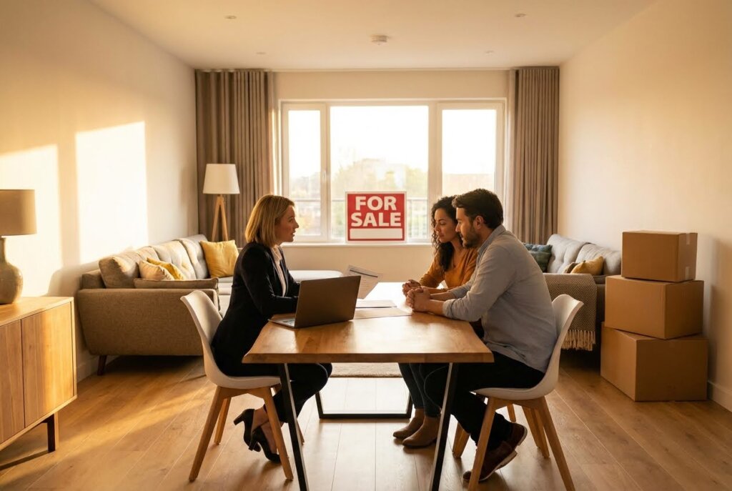 Real estate agent with a laptop talking to a couple at a table in a bright living room with a "For Sale" sign in the window.
