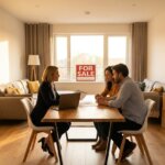 Real estate agent with a laptop talking to a couple at a table in a bright living room with a "For Sale" sign in the window.