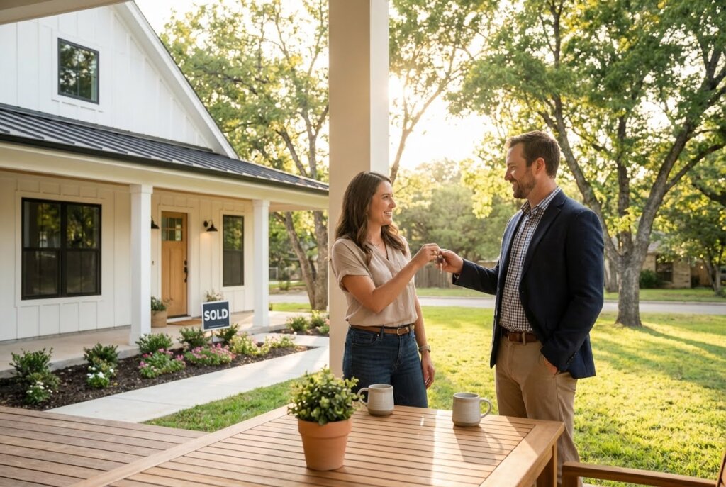 Realtor handing house keys to a smiling woman in front of a modern white SOLD home on a sunny day.