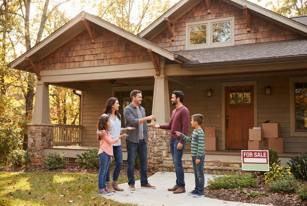 Realtor handing keys to a family with two children in front of a new house with a For Sale sign.