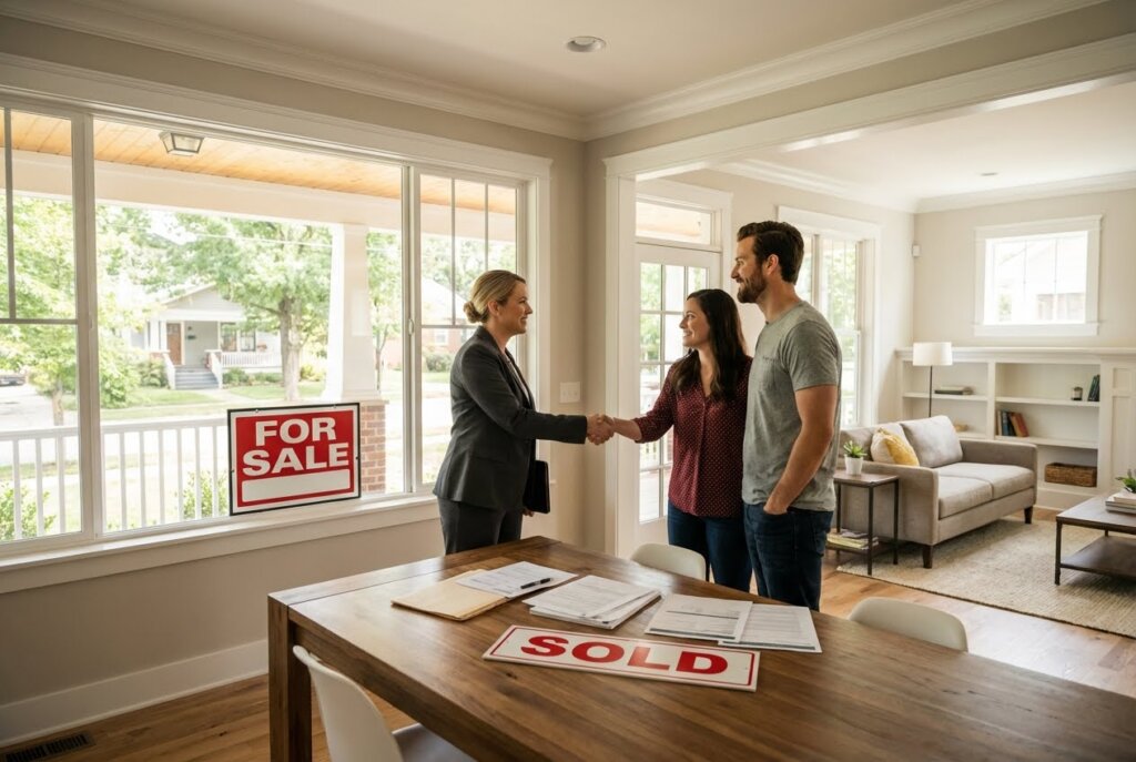 Realtor shaking hands with a couple in a bright home with "FOR SALE" and "SOLD" signs, paperwork on a table.