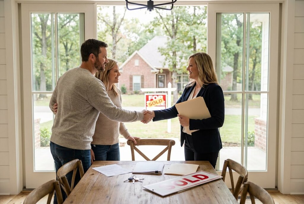 Realtor shaking hands with a couple in a bright room, with a "For Sold" sign and house visible through the window.