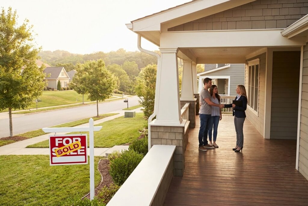 Realtor shaking hands with a couple on a porch, with a "For Sale - Sold" sign in the sunny suburban yard.