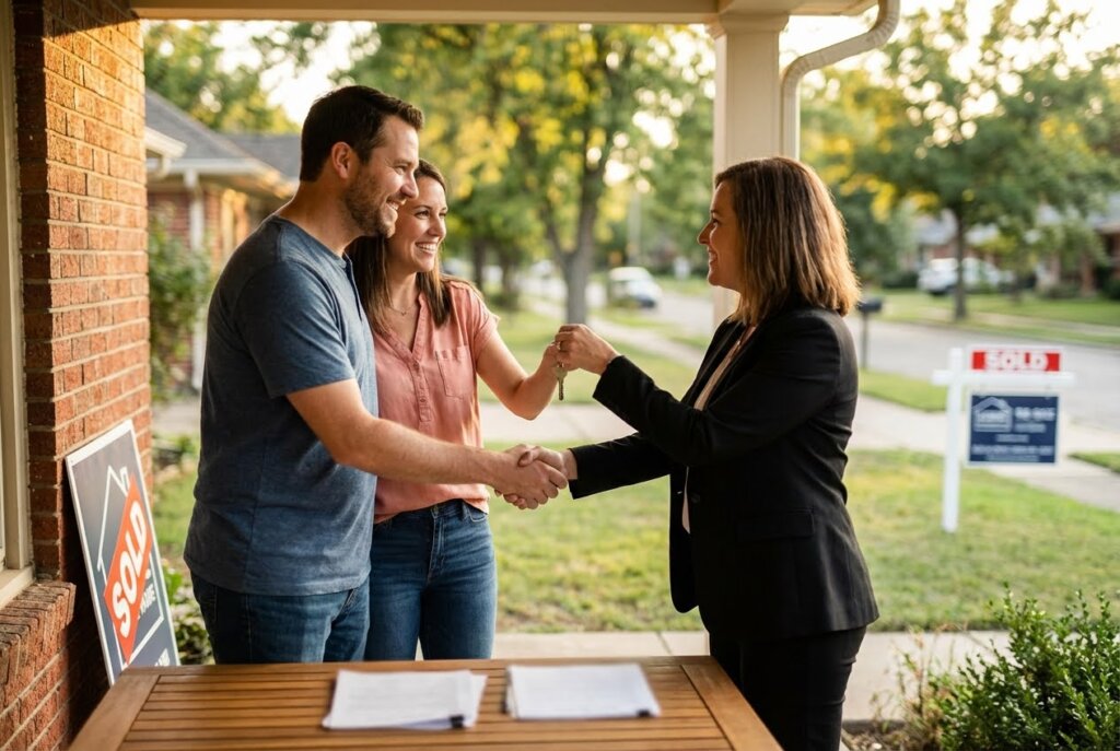 Realtor shaking hands with a smiling couple on a porch, handing them keys, with a "SOLD" sign nearby.