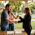 Realtor shaking hands with a smiling couple on a porch, handing them keys, with a "SOLD" sign nearby.