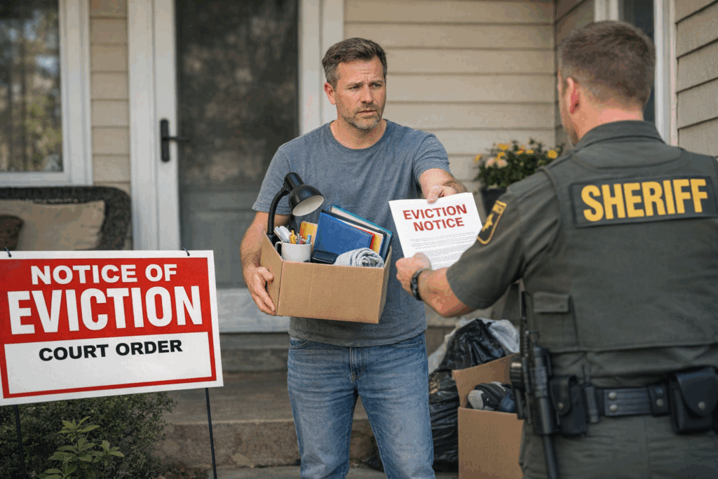Sheriff’s deputy serving an eviction notice to a tenant holding a box of belongings outside a house.