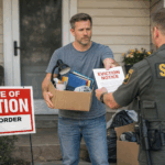 Sheriff’s deputy serving an eviction notice to a tenant holding a box of belongings outside a house.