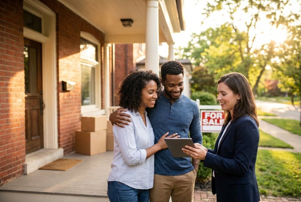 Smiling couple and real estate agent on a porch, looking at a tablet with a "For Sale" sign and moving boxes nearby.