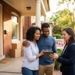 Smiling couple and real estate agent on a porch, looking at a tablet with a "For Sale" sign and moving boxes nearby.