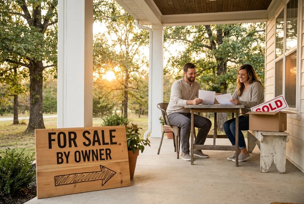 Smiling couple on a porch reviewing papers, with a "For Sale By Owner" sign and a "Sold" sign in a box.