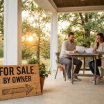 Smiling couple on a porch reviewing papers, with a "For Sale By Owner" sign and a "Sold" sign in a box.