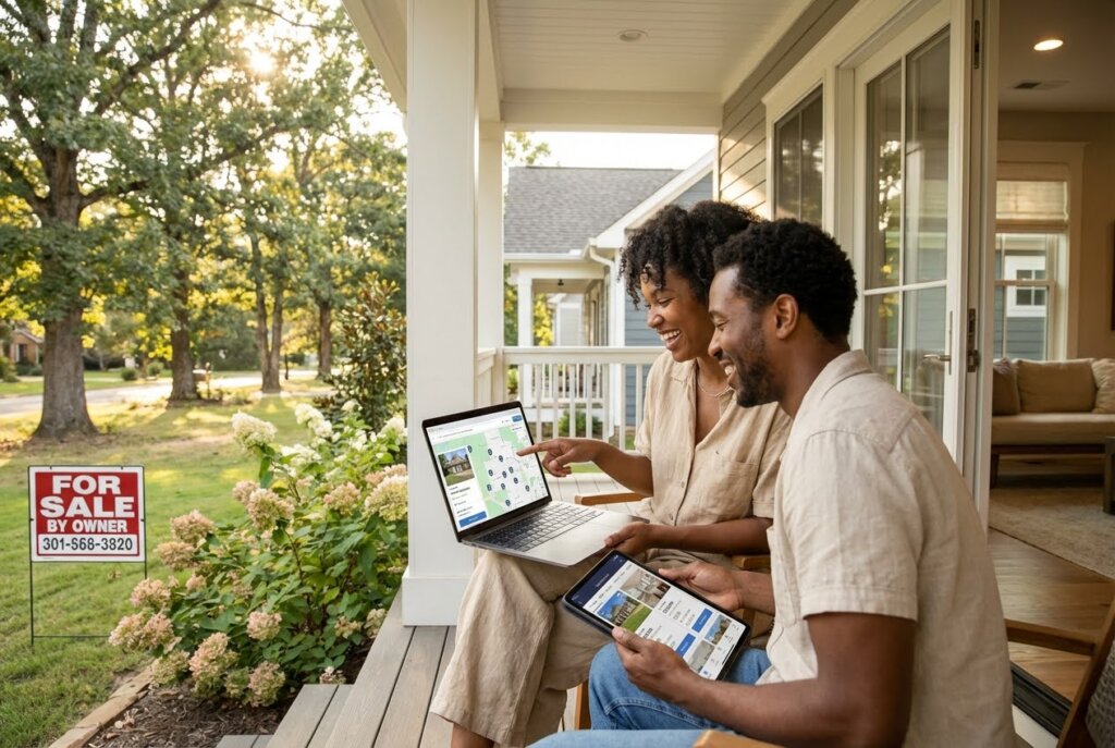 Smiling couple on a porch, using a laptop and tablet to view real estate listings, with a "For Sale By Owner" sign nearby.