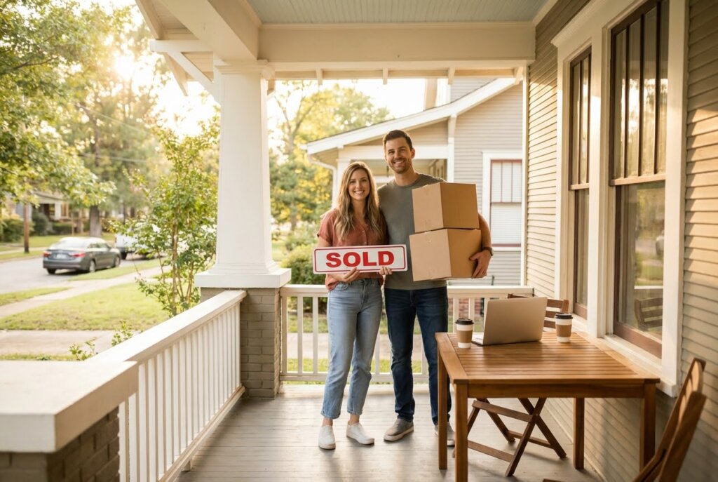 Smiling couple on a porch, woman holding a SOLD sign, man carrying moving boxes, with a laptop on a table.
