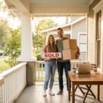 Smiling couple on a porch, woman holding a SOLD sign, man carrying moving boxes, with a laptop on a table.