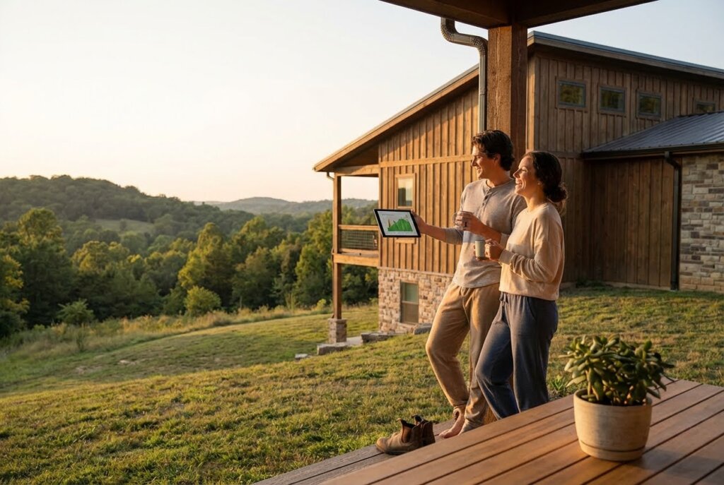 Smiling couple on a rustic porch, holding mugs and a tablet with a graph, overlooking a wooded valley at sunset.