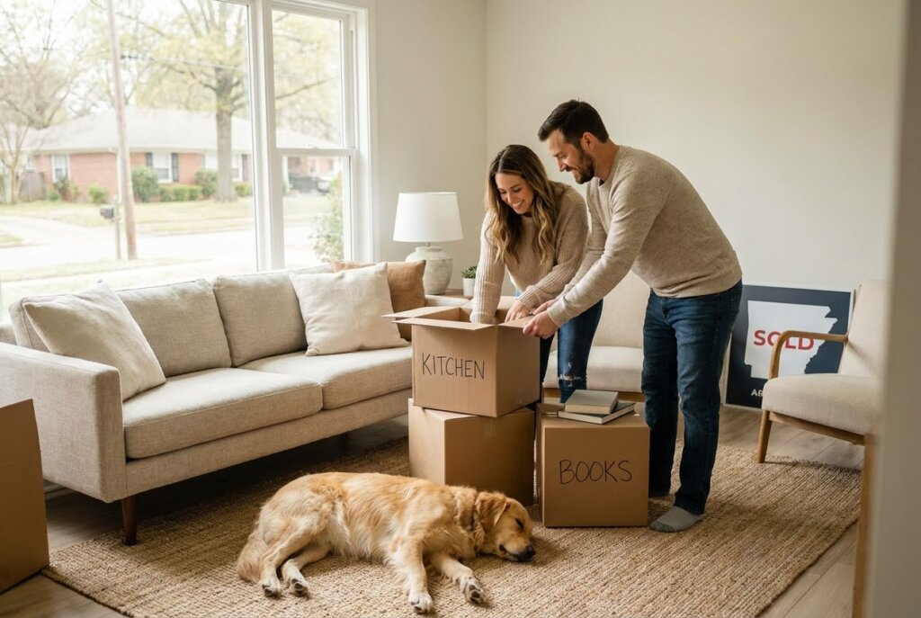 Smiling couple packing boxes in a bright living room with a sleeping golden retriever and a "SOLD Arkansas" sign.