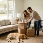 Smiling couple packing boxes in a bright living room with a sleeping golden retriever and a "SOLD Arkansas" sign.