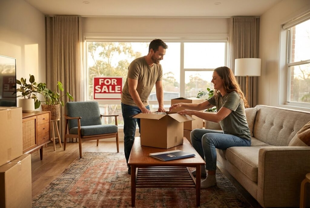 Smiling couple packing boxes in a sunlit living room with a "FOR SALE" sign in the window.