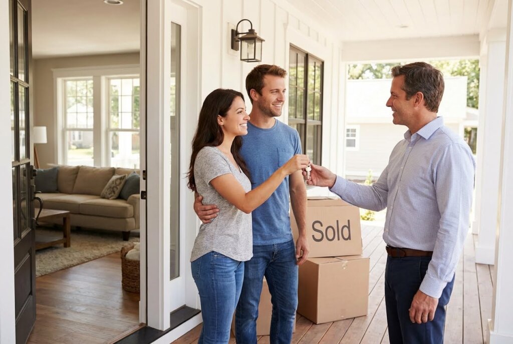 Smiling couple receiving house keys from a man on a porch with "Sold" boxes.