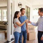 Smiling couple receiving house keys from a man on a porch with "Sold" boxes.