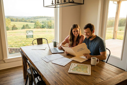 Smiling couple reviewing "Closing Documents" at a wooden table with a laptop, overlooking a "For Sale" sign in a sunny field