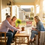 Smiling couple reviewing documents with a female agent on a sunny porch with a For Sale sign.
