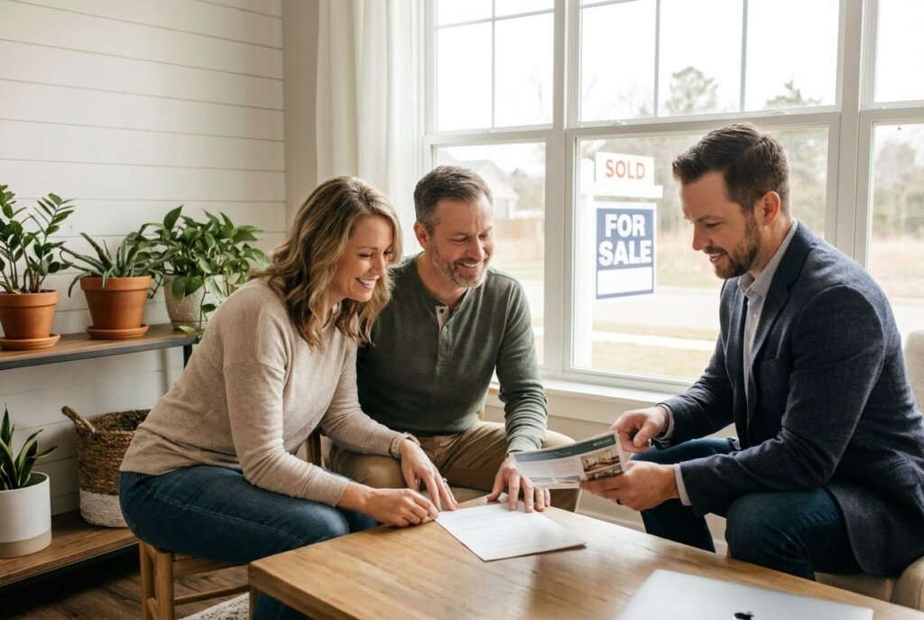 Smiling couple reviewing documents with a real estate agent, a SOLD FOR SALE sign visible through the window.