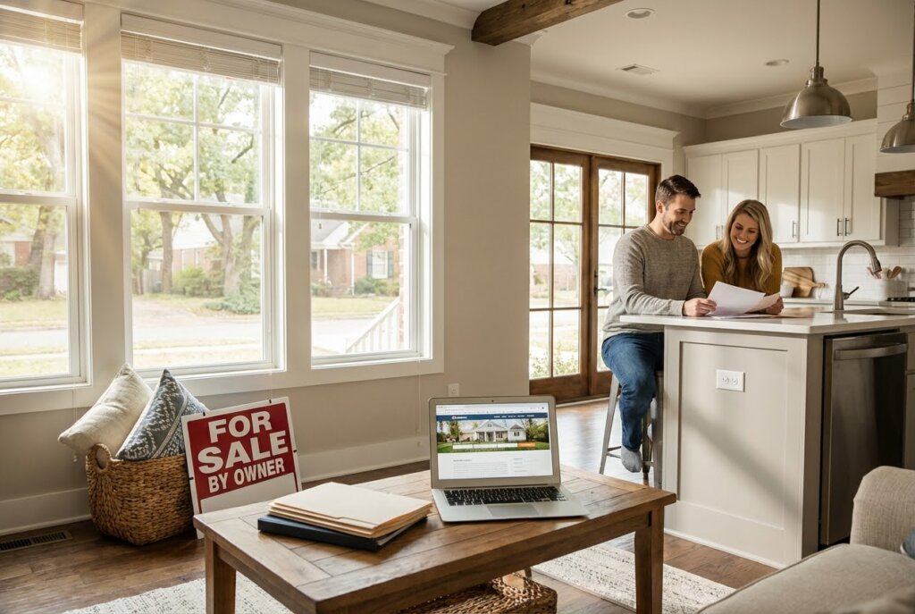 Smiling couple reviewing papers in a bright kitchen, with a "For Sale By Owner" sign and laptop in the foreground.