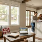 Smiling couple reviewing papers in a bright kitchen, with a "For Sale By Owner" sign and laptop in the foreground.