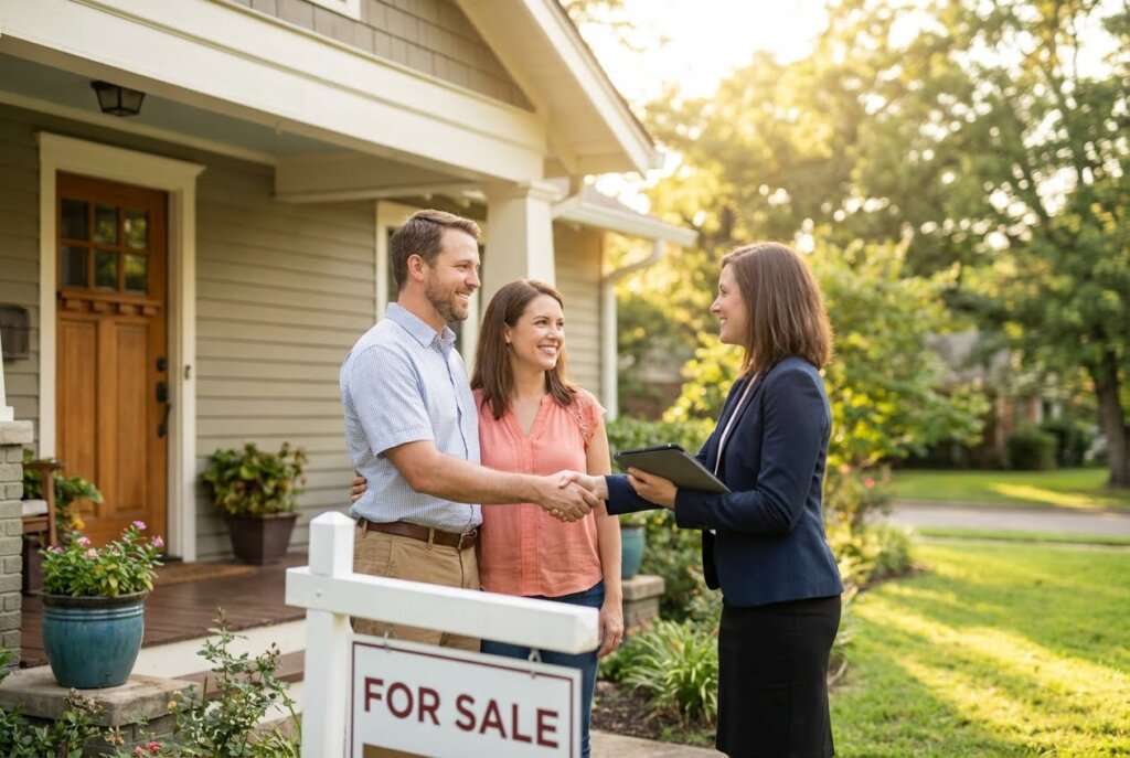 Smiling couple shaking hands with a female real estate agent in front of a house with a "For Sale" sign.