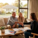 Smiling couple shaking hands with a real estate agent in a bright living room with a "SOLD" sign on the coffee table