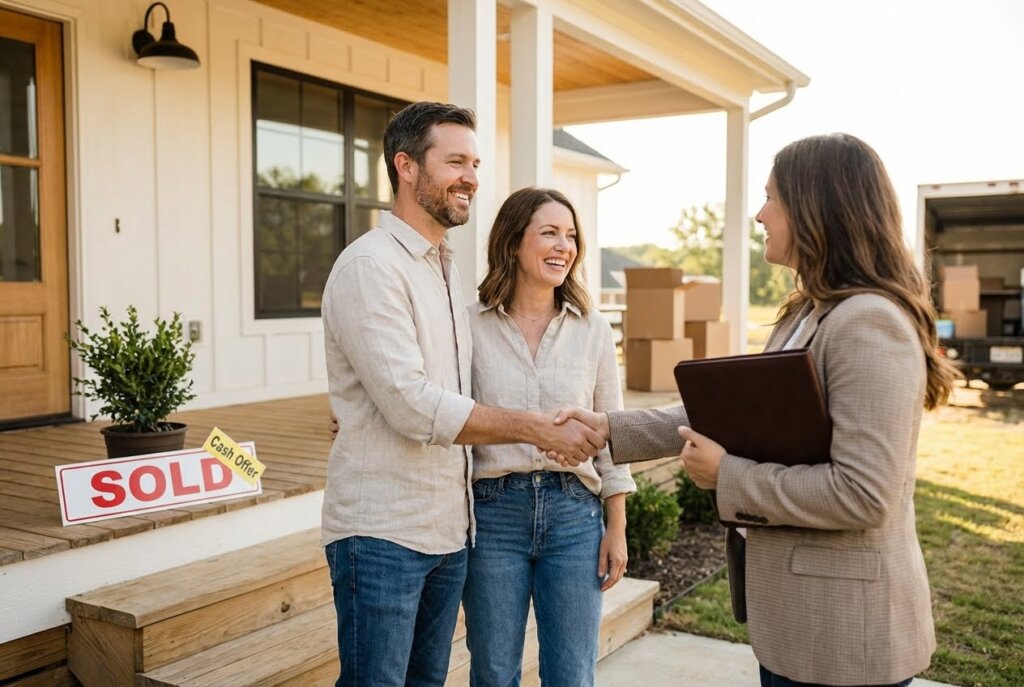 A smiling couple shaking hands with a real estate agent in front of a white house with a "SOLD" sign.