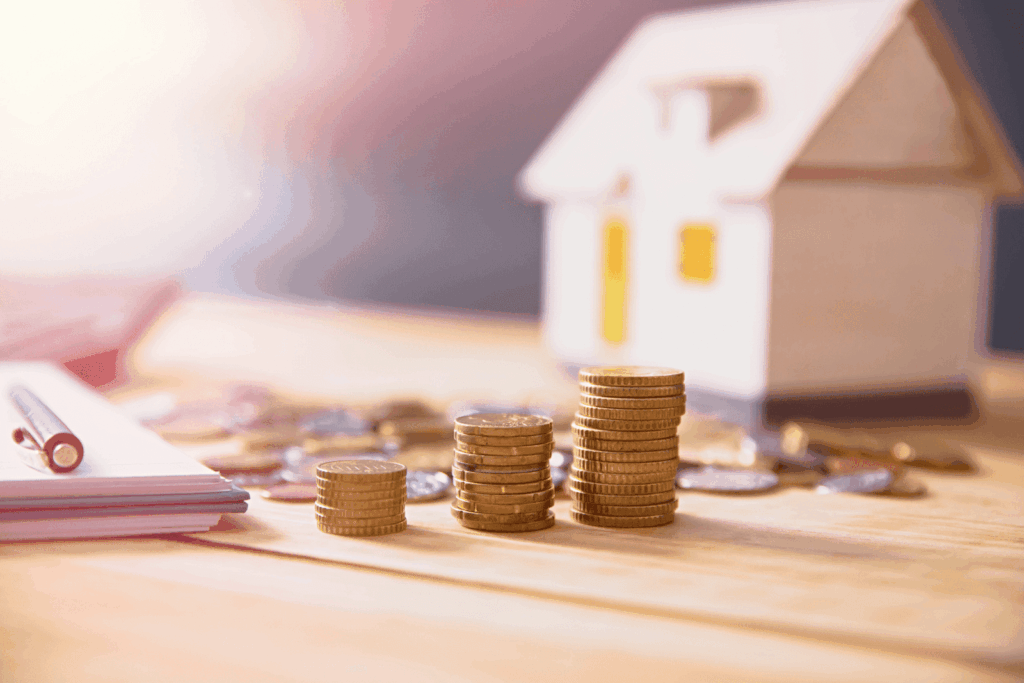 Stacks of coins on a desk with paperwork and a small house model in the background, symbolizing property investment or mortgage costs.