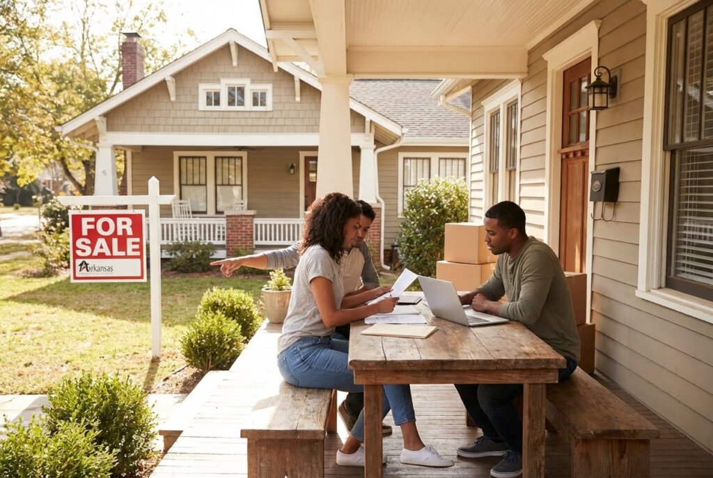 Three people on a porch review documents and a laptop, with a "FOR SALE" sign in front of a house.