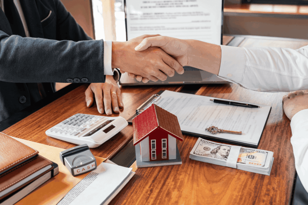 Two people shaking hands over real estate documents with a model house, cash, and a calculator on the desk.