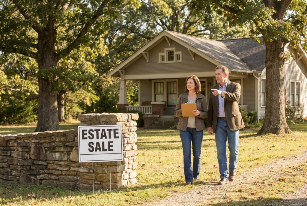 Two real estate agents, a man and a woman, walk past an "ESTATE SALE" sign in front of a beige house.