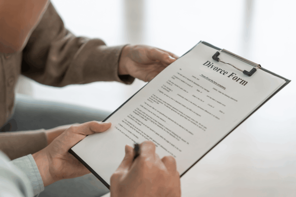 Person signing a divorce form on a clipboard